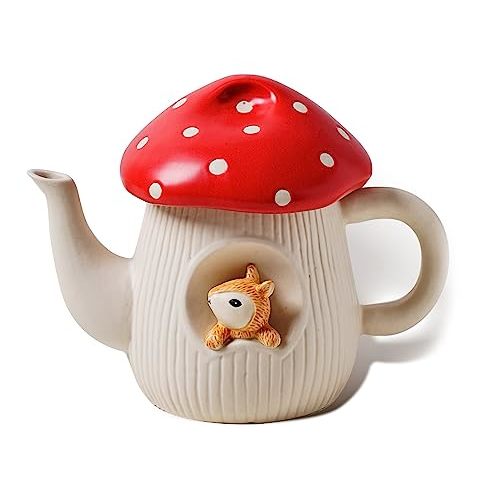 RESVUGA Cute Mushroom Teapot, Handmade Glaze Polka Dot Lid, Safety Matt Ceramic Tea Pot, With squirrel decoration. 23 oz / 680 ml. Best Gifts for Women & Girls.