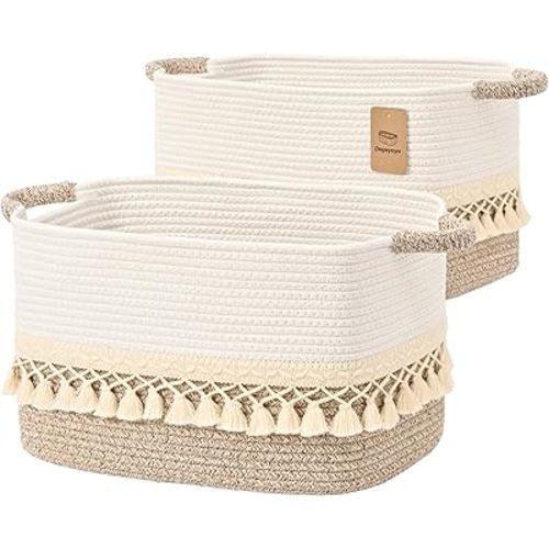 2 Pack Storage Basket for Shelves, Boho Cotton Rope Storage Bins with Heavy Tassel, Shelf Baskets Large Woven Baskets for Organizing, Cube Organizer Bins, Baby Laundry Basket for Clothes, Toys, Pets