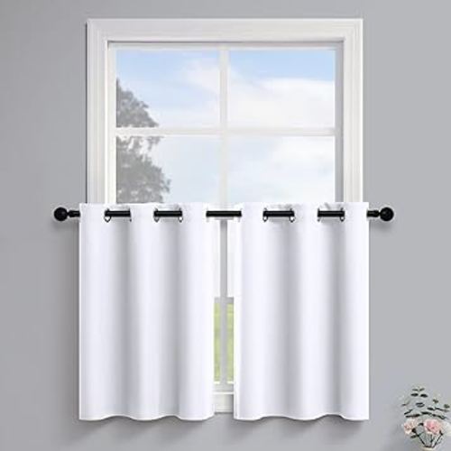 Pitalk White Cabinet Curtains 30 Inch Length for Small Kids Nursery Dining Room Darkening Privacy Short Grommet Curtain Cafe Tiers Half Window for Bathroom Kitchen 30 Inches Long 2 Pieces