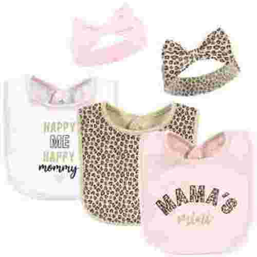 Hudson Baby Girl Cotton Bib and Headband Set, Leopard Mamas Mini, Little Cloth