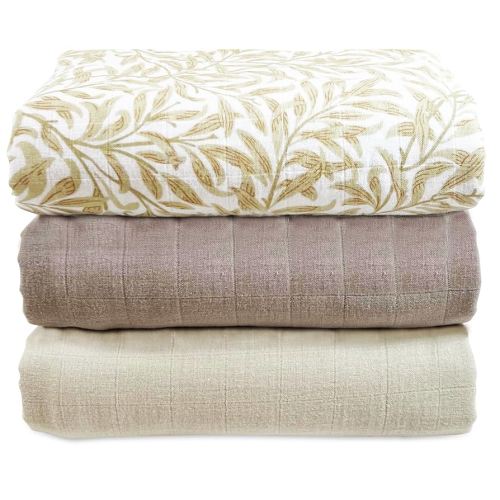 MOZAH Organic Muslin Swaddle Blankets - Brown, Beige, and Beige Leaves - 3 Pack - for Baby Boy or Girl - Ideal for Newborns, Toddlers & Registry Essentials