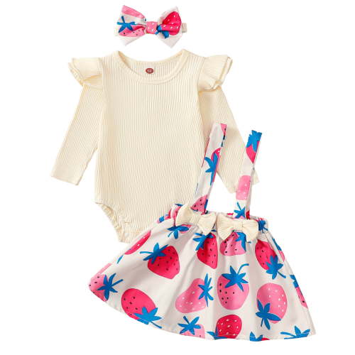 Musuos Baby Girl Sweet Fall Outfits 3 6 12 18Months Plain Long Sleeve Romper Floral/Strawberry Print Suspender Skirt Headband 3Pcs Clothes Set