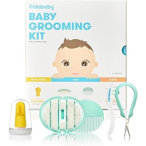 Frida Baby Grooming Kit | Baby Essentials Gift Set Includes Finger Brush with Storage Stand, Hair Brush with Case, Styling Hair Comb, Easy Grip Nail Scissors with Nail File and Case