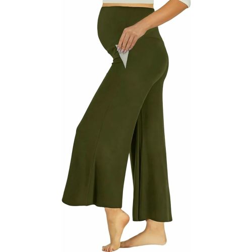 Maternity Wide Leg Palazzo Pants with Pockets - 28" Loose Maternity Flowy Pants for Pregnant Women, Work & Lounge