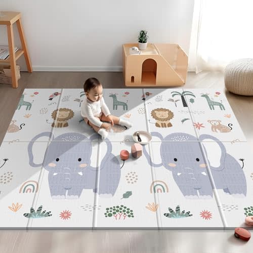 NOONKTY 79x71 Extra Large Baby Play Mat for Floor, Foldable Foam Playmat for Babies 0-12 Months & Kids, Non-Toxic Waterproof Baby Mat for Floor, Thick Playpen Mat for Tummy Time Crawling, Elephant+Mon
