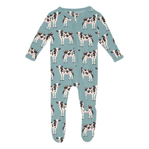 Print Footie with 2 Way Zipper in Jade Cows