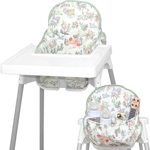 For IKEA High Chair Cushion, For Antilop Cushion, With High Chair Handy Pocket Pouch, For IKEA Antilop Highchair, Cotton Soft, Baby Sitting More Comfortable (Green Bear Forest Animal Pattern)