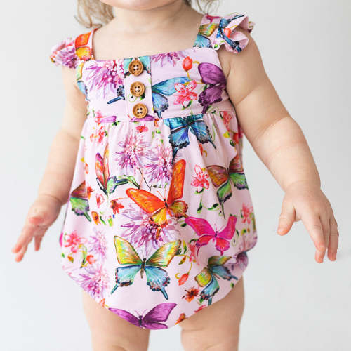 Posh Peanut Bubble Romper Watercolor Butterfly Ruffled Cap Sleeve Henley