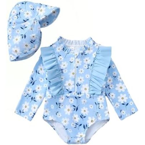 SUNNY PIGGY Baby Girl Swimsuit Long Sleeve One Piece Ruffle Zipper Toddler Bathing Suit Guard Rash for Summer Swimwear
