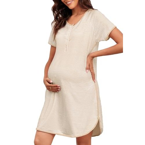FKEEP Stripe Maternity Nursing Nightgowns Women Buttons Pregnancy Short Sleeve Nightdress Soft Side Split Loungewear Pjs