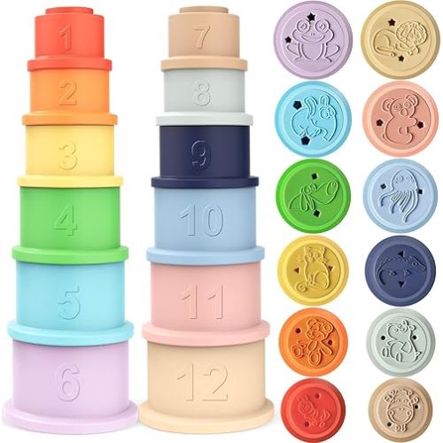 Maliton Stacking Cups Toy, Fun Educational Soft Silicone Baby Stacking Cups, with Number Letter Animal, Toddler Stacking Toys for Learning & Development for 6 Month+ (2 Set, Macaron Color)