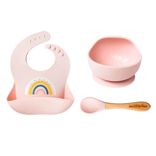 Silicone Rainbow Baby Bibs & Suction Bowl Set: BPA-Free, Adjustable Bib with Large Food Catcher Pocket + Premium Utensils for Babies & Toddlers (6-36 Months), Pink