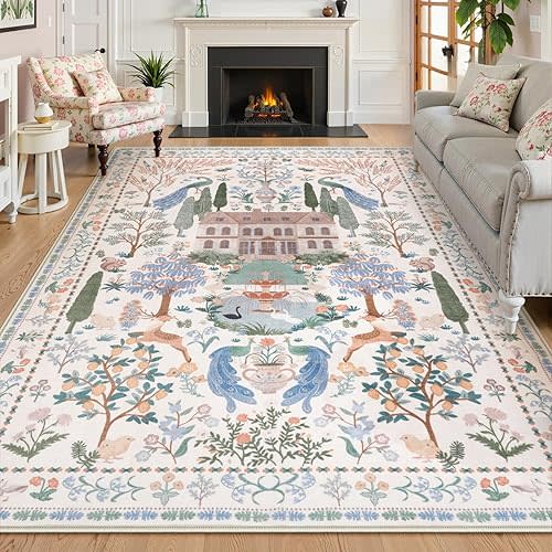 LIVEBOX Area Rugs 9x12 for Living Room, Large Washable Rug for Bedroom Under Bed, Non-Slip Low Pile Floral Rug Farmhouse Carpet for Living Room, Nursery, Dining Room, Playroom, Beige