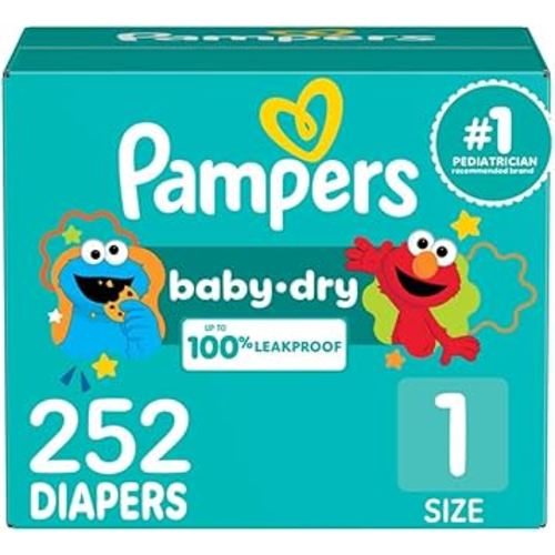 Pampers Diapers - Baby Dry - Size 1, 252 Count, Absorbent Disposable Infant Diaper (Packaging May Vary)