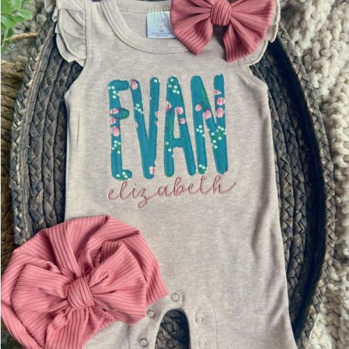 Personalized Baby Girl Outfit | Mocha Flutter Sleeve Ruffle Romper Flo – Wonderfully Made