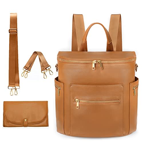 Diaper bag, Leather Diaper Bag Backpack by MF Store, Diaper Backpack with Laptop Sleeve,Changing Pad,Wipes Pouch,Stroller Straps and Insulated Pockets, Brown, 13x7x12 Inch