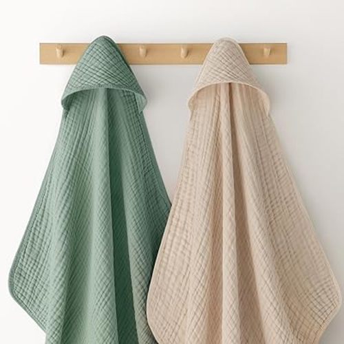 Looxii Baby Bath Towels 2 Pack Muslin Hooded Baby Towels for Newborn and Infants, 100% Cotton, Large 32x32Inch, Soft and Absorbent Beige+Green