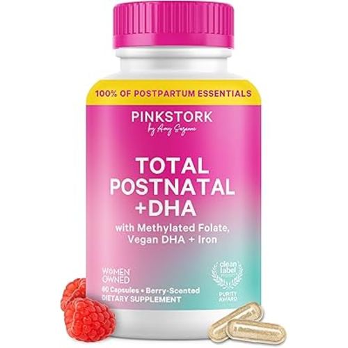 Pink Stork Total Postnatal Vitamins for Women with Vegan DHA, Iron, Folate, and Vitamin B12, Postpartum Recovery Essentials, Daily Supplement for Breastfeeding Moms - 1 Month Supply
