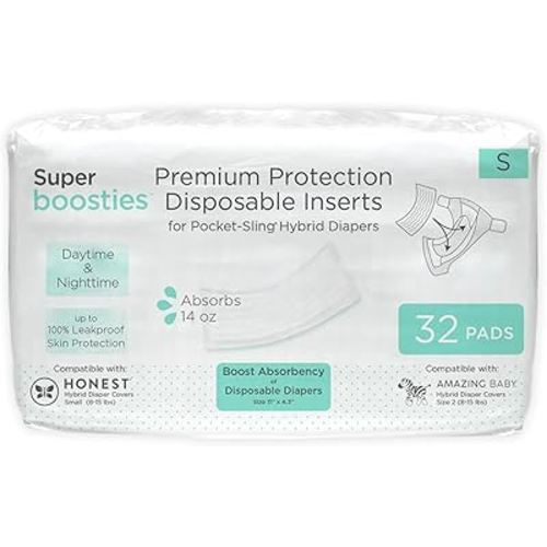 Overnight Diaper Leak Stopper, Super Boosties Disposable Inserts, Use with Pampers Sizes 2-6, Honest Hybrid Diaper Cover Sz Small, Amazing Baby Cover Sz 2, Pocket-Sling Compatible, 4.3x11 in, 32 count