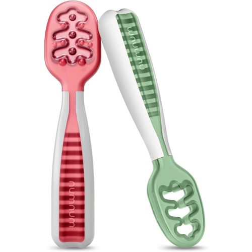 NumNum Baby Spoons Set, Baby Essentials Pre-Spoon GOOtensils for 6+ Months, First Stage Self-Feeding Spoons for Baby Led Weaning (BLW), Silicone Toddler Utensils, BPA-Free, 2 Pack Red/Green