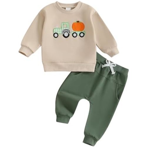 Toddler Baby Boy Halloween Outfit Pumpkin Tractor/Truck/Excavator Embroidery Crewneck Sweatshirt and Jogger Pants Set