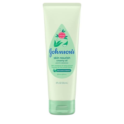 Johnson's Skin Nourish Creamy Oil, Aloe Scent & Vitamin E, Creamy Oil Helps Prevent Dryness & Moisturizes Baby's Delicate Skin for 24 Hours, Hypoallergenic & Non-Greasy, 8 fl. oz