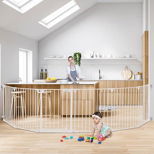 COMOMY 150" Extra Wide Baby Gate with Door, Dog Gates for The House Doorways Fireplace, Auto Close Baby Fence Play Area, Walk Through Pet Gate, Hardware Mounted Baby Gate, 6-Panels (30" Tall, Black)