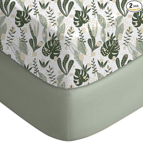 Yoofoss Pack and Play Sheets Fitted, Mini Crib Sheets 2-Pack for Pack N Play Mattress, Stretchy Playard Sheet, Soft and Breathable (Green + Banana Leaves)