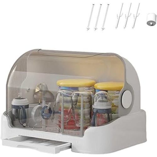 2025 Large Baby Bottle Organizer with Cover & Removable Drain Tray, Dustproof Portable Baby Bottle Drying Rack Reusable Bottle Rack Holder Storage (E)