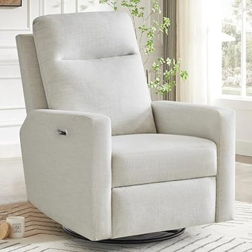 Power Recliner Chair Swivel Glider, Linen Glider Recliner Nursery Chair, Rocking Chair Nursery, Recliners for Living Room with High Back, Deep Seat, USB & Type-C, Beige Grey