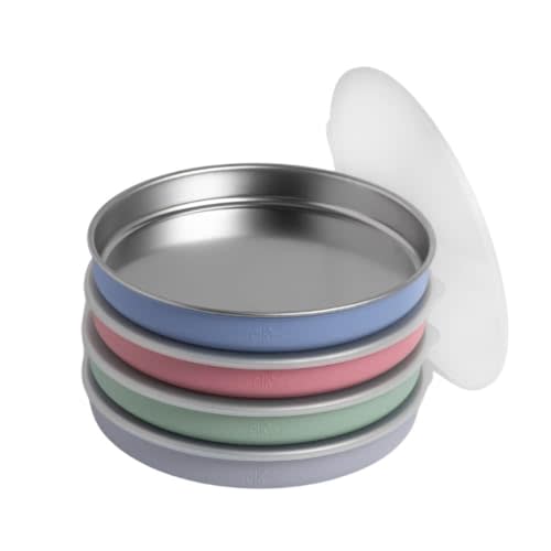 Elk and Friends 7.8” Stainless Steel Non Divided Plates with Silicone Sleeve + Storage Lid | Baby, Toddler, Kids | Dishwasher Safe | Dinner & Snack Plates | 4 Pack