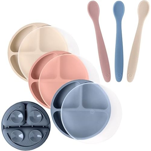 WeeSprout 3 Silicone Suction Plates with Lids & 3 Bowls Bundle for Toddler Feeding - Divided Design - Microwave & Dishwasher Safe - for Babies & Kids