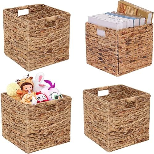 Storage Baskets Wicker Cube Baskets Foldable Handwoven Water Hyacinth Laundry Organizer,Cube Storage Baskets,Set of 4 pcs Baskets-11x11x11inch