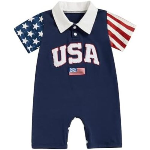 FOCUSNORM 4th of July Baby Boy Clothes Short Sleeve Romper Lapel Jumpsuit Newborn Summer My First 4th of July Baby Boy Outfit