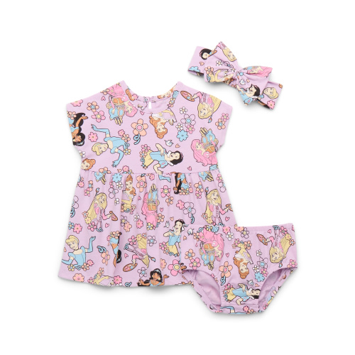 Disney Princess Baby Girl Allover Print Dress and Diaper Cover with Matching Bow Headband, Sizes 0/3M-24M