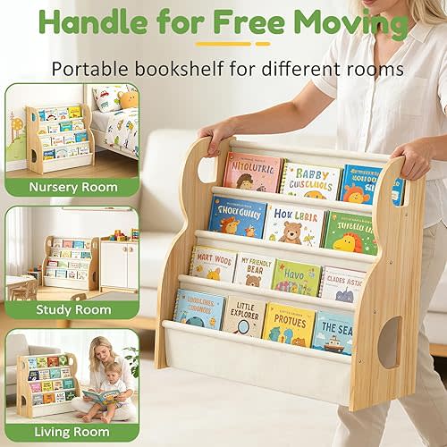 XiaZ Child Book Shelf Wooden Montessori Toddler Bookshelf Solid Pine B-Frame Book Shelf with Handle, Portable Double-Sided Kids Nursery Book Organizer Bookcase Easy Install for Study Room
