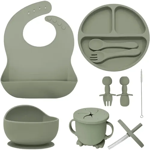 10 Piece Baby Feeding Set | 100% Food Grade Silicone | Non Slip | Suction Bowl and Plate | Self Feeding Utensils | Led Weaning Supplies | Microwave and Dishwasher Safe | 6+ Months