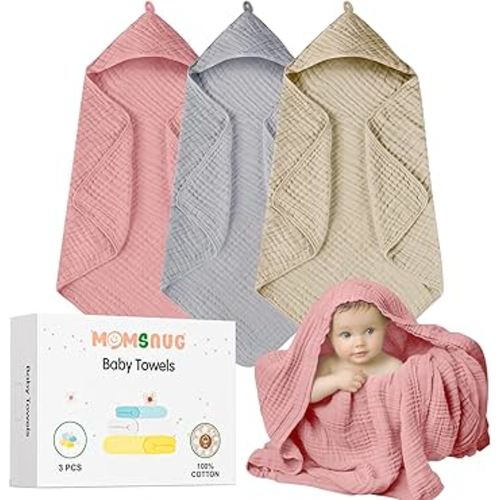 Muslin Bath Towel Baby 3 Pack, Hooded Baby Towels for Girl Boy, Muslin Cotton Baby Bath Towel with Hood for Babies, Infant, Toddler and Kids Newborn Essential (35 X 35 Inch) (Rose + Grey + Apricot)