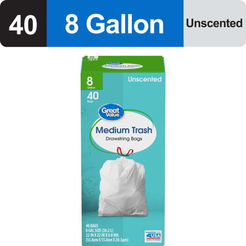 Great Value Drawstring Trash Bags, 8 Gallon, Medium Size, Durable, 40 Count