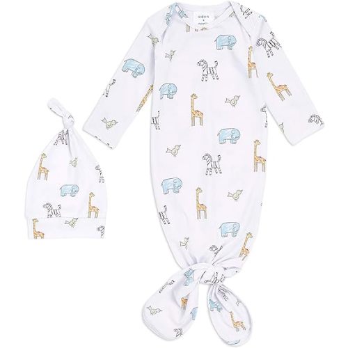 aden + anais Comfort Knit Knotted Newborn Baby Gown and Hat, Super Soft Cotton with Spandex, Infant Gown with Fold Over Mitten Cuffs, 2 Piece Set, 0-3 Months, Jungle Jammin