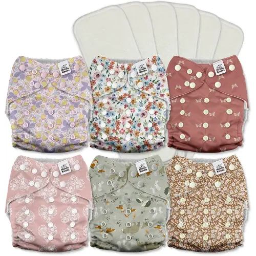 Mama Koala 3.0 Pocket Cloth Diapers for Babies with AWJ Lining, 6 Pack with 6 5-Layer Natural Cloth Diaper Inserts - Reusable and Washable Pocket Diapers(A-Wild Flowers)