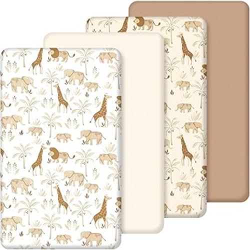 4 Pack Safari Jungle Animals Crib Fitted Sheet for Boys Girls - 52" x 28" Neutral Baby Sheet with Lion and Giraffe for Standard Mattress Gift Set, Microfiber & Soft Breathable (Beige)