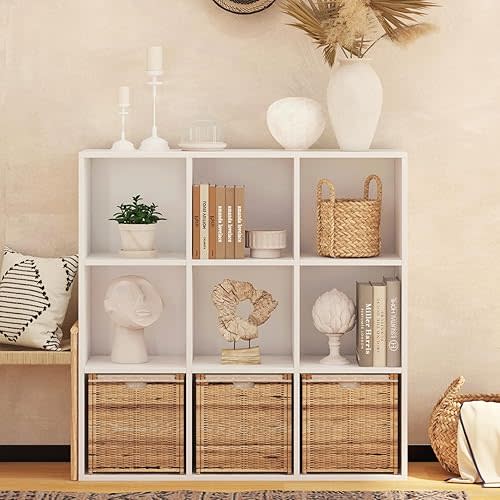 Wooden 9 Cube Storage Organizer with Closed Back Panel,White Cube Shelf Heavy Duty Cubby Storage Organizer with Compartments for Living,Display Shelf,Bookshelf