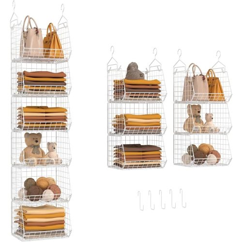 X-cosrack 6 Tier Closet Hanging Organizer, Clothes Hanging Shelves with 4 Hanging Hooks 5 S Hooks, Wire Storage Basket Bins, for Clothing Sweaters Shoes Handbags Clutches Accessories Patent