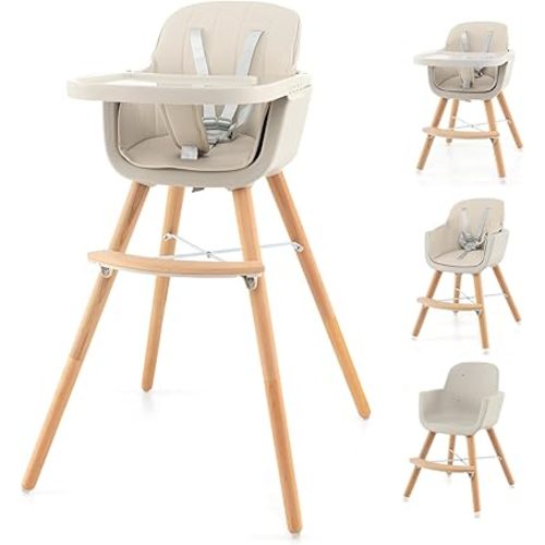 HONEY JOY High Chair, 3-in-1 Eat & Grow Wooden Highchair/Booster Seat/Toddler Chair with Removable Tray, 5-Point Harness, PU Cushion and Footrest for Baby, High Chair for Babies and Toddlers(Beige)