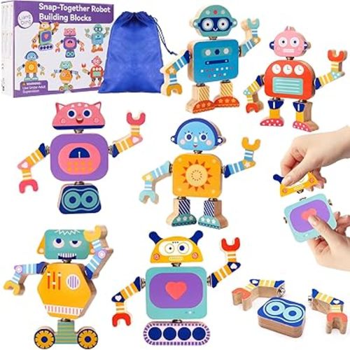 Wooden Snap-Together Robot Building Block Set, Montessori STEM Take-Apart Toy, 33-Piece Fine Motor Skills Learning Toy with Poseable Limbs for Different Robot Poses,for Kids Ages 3-6 with Storage Bag