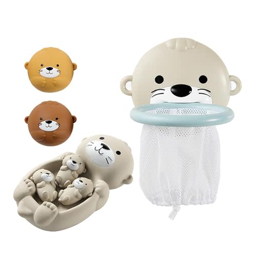 Otter Bath Toy, Otter Family Tub Toy Bathtub Floating Toy for Kids - Soft Vinyl and ABS Plastic Material - No Hole One-Piece Design (Otter Playset + Baketball Hoop + 2 Balls)