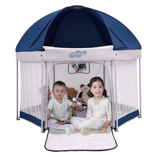 Pamo Babe Outdoor Baby Playpen, Portable, Lightweight, Toddler Playard With Canopy and Travel Bag - Blue