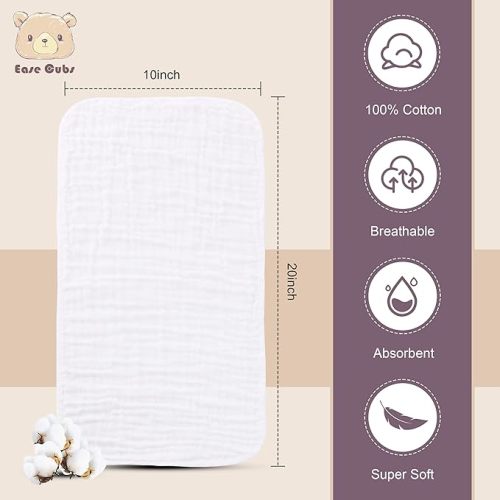 Ease Cubs Muslin Burp Cloths Large 100% Cotton Hand Washcloths for Boys & Girls, Baby Essentials Extra Absorbent and Soft Burping Rags for Newborn Registry (White & Green, 12-Pack, 20" X10") - White and Green - 10x20 Inch (Pack of 12)
