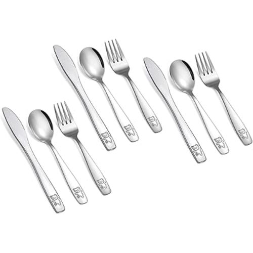 9 Piece Stainless Steel Kids Silverware Set,Toddler Utensils,Child and Toddler Flatware,Kids Utensil Set,Children Safe Forks, Spoons and Knives,Mirror Polished, Dishwasher Safe